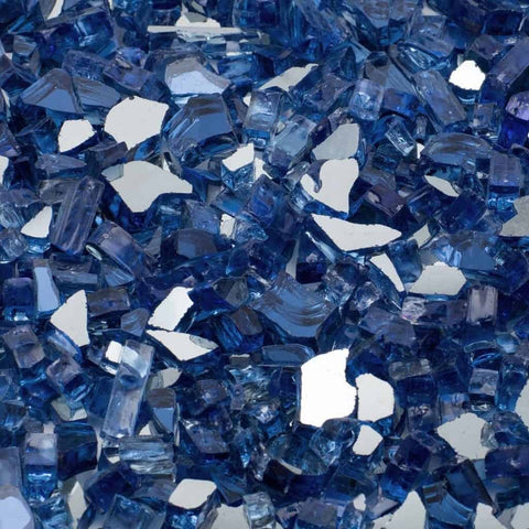 lose-up of 1/2 inch Cobalt Blue reflective glass shards showing the tempered safety edges and intense blue hue.