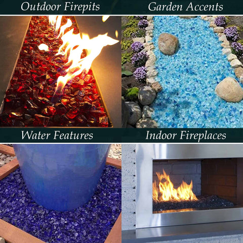 Outdoor gas fire pit filled with reflective Cobalt Blue fire glass gems glowing under orange flames