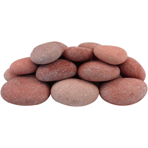 A pile of round, smooth, pink beach pebbles.