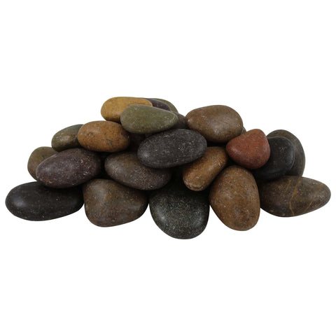 A colorful blend of Rain Forest Mixed Polished Pebbles showing a high-gloss finish on natural tan, black, and red stones.