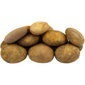 A collection of smooth, round, tan-colored river pebbles stacked together.