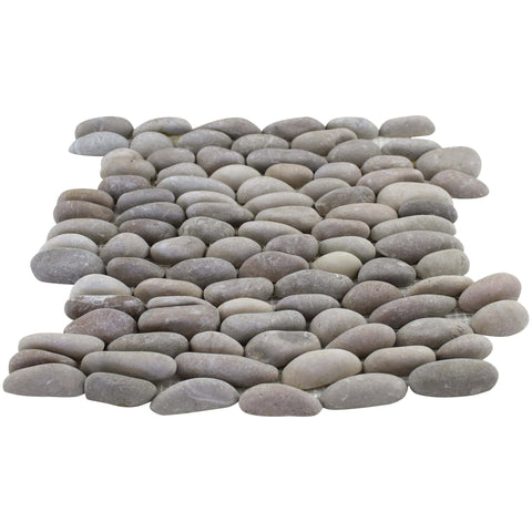acro view of Stacked Tan Pebble Tile showing the unique, three-dimensional arrangement of smooth, rounded natural river stones.
