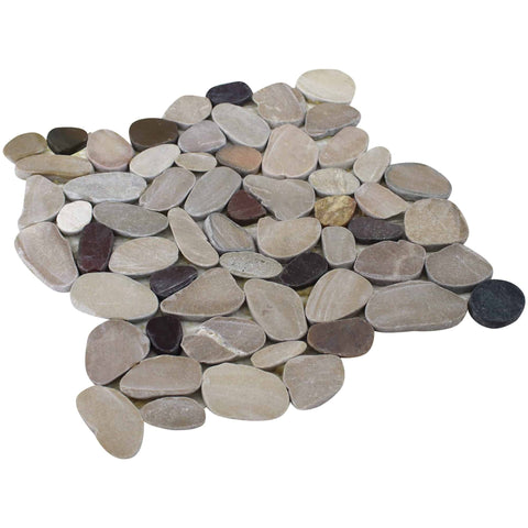 A collection of tan brown and cherry honed sliced pebble stone tiles with a mesh-mounted backing.