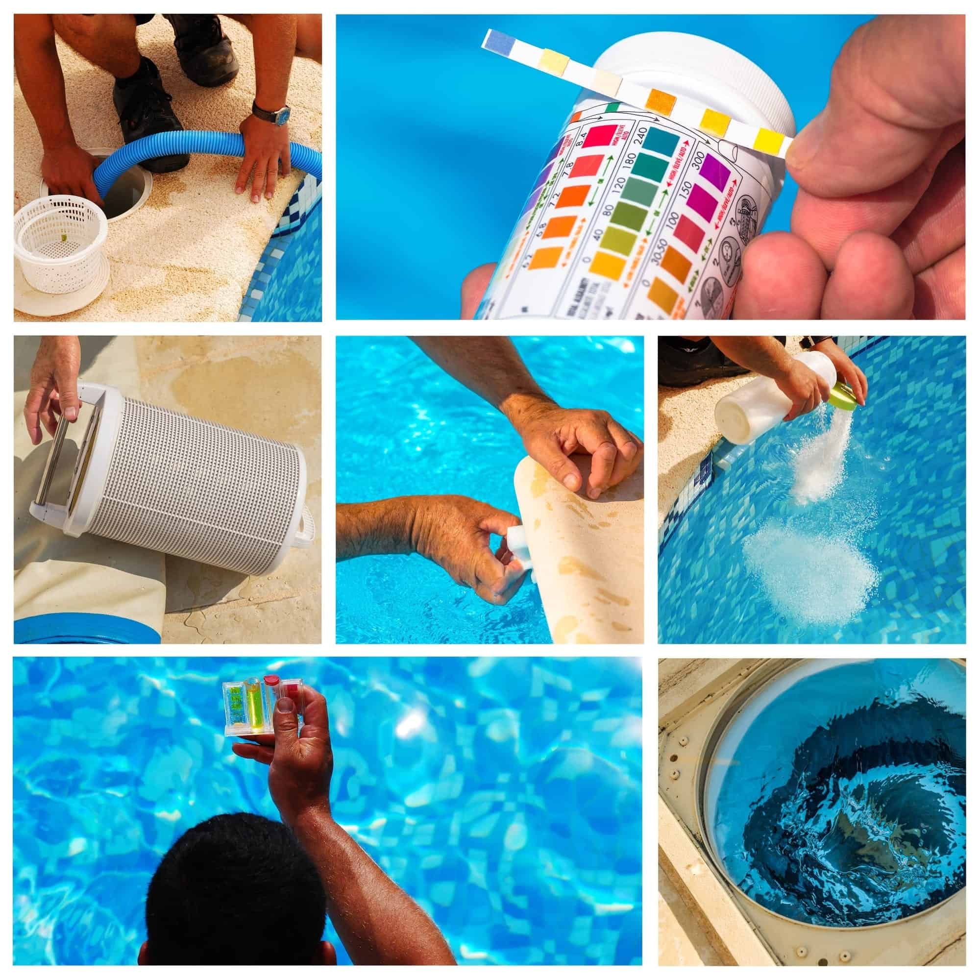 Collage of steps to clean a pool